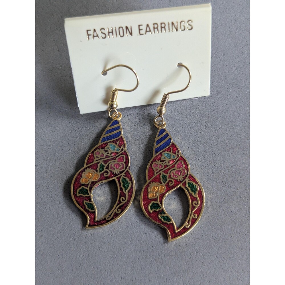 Genuine Cloisonné Burgundy Paisley Dangle Earrings Floral Openwork NOS Gold Tone